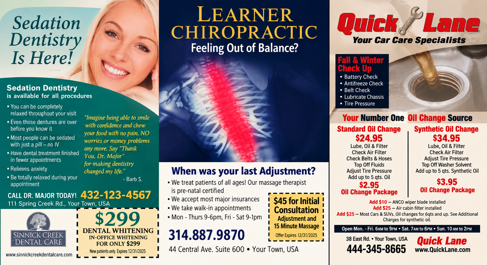 Back of the 6×11 community coupon mailer with dental, chiropractic, and automotive advertisements