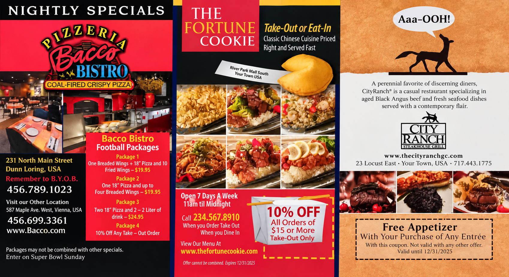 Front of the 6×11 community coupon mailer with three restaurant advertisements