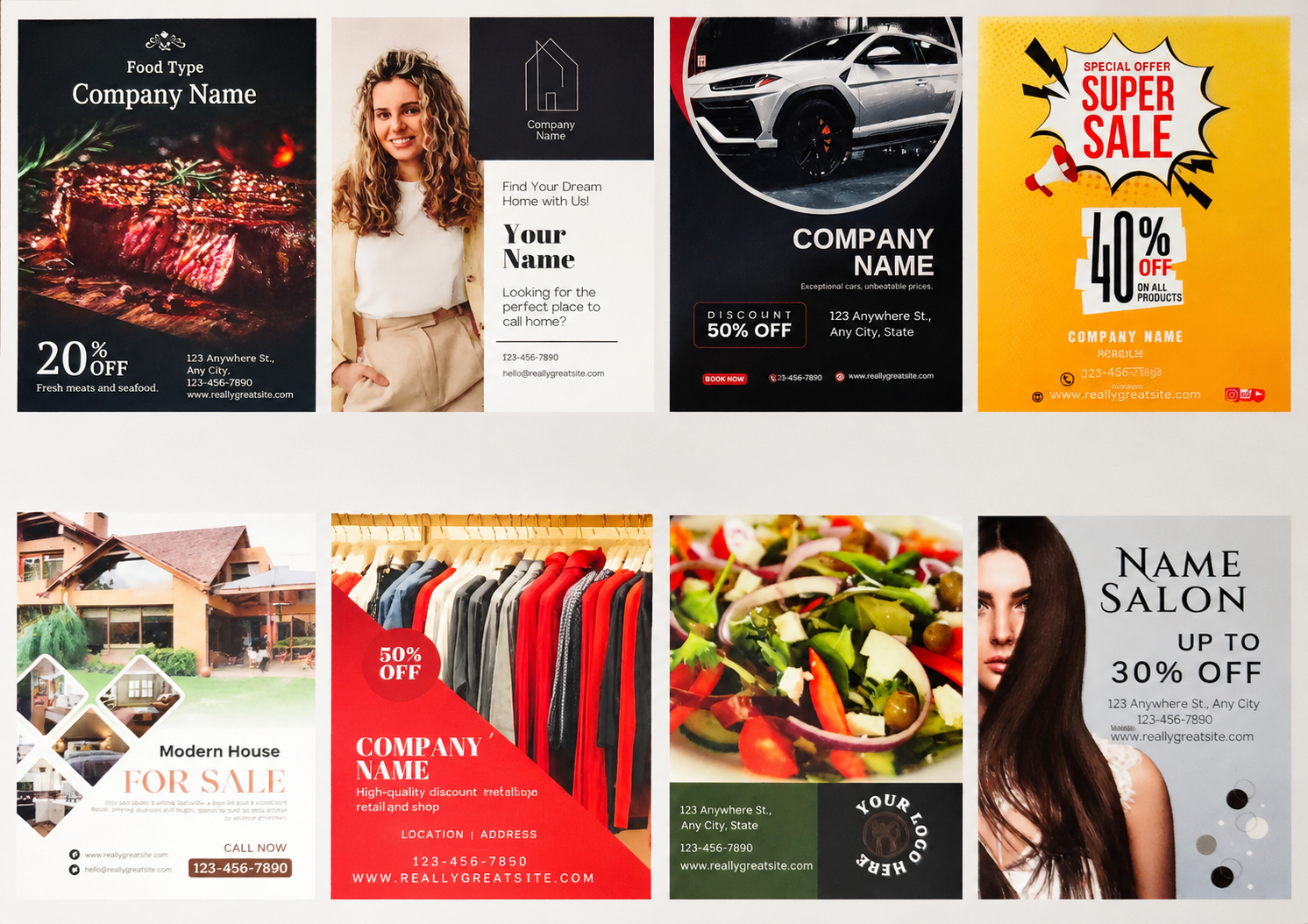 Back example of an oversized shared community postcard with eight additional local business advertisements