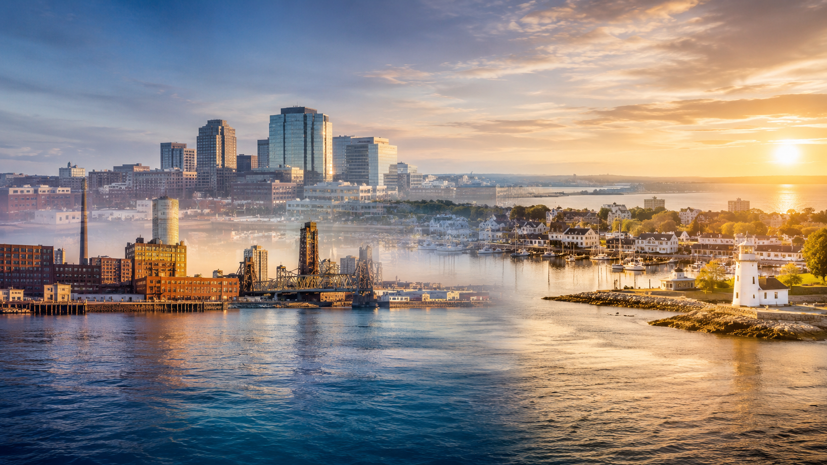 Artistic triple-exposure landscape blending Stamford, Bridgeport, and Milford, Connecticut